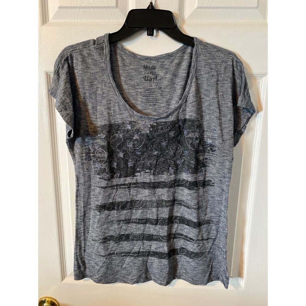 Made in the USA Womens Graphic Tee Blue Heather Stripe American Flag Paisley M